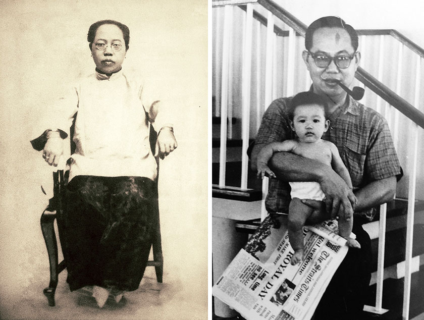 This photograph of a bound feet lady, Ooi’s great-grandmother, was the catalyst for her Bound Feet Blues performance (left). Ooi’s grandfather Tan Sri Dr Lim Swee Aun carrying her when she was a few months old (right)