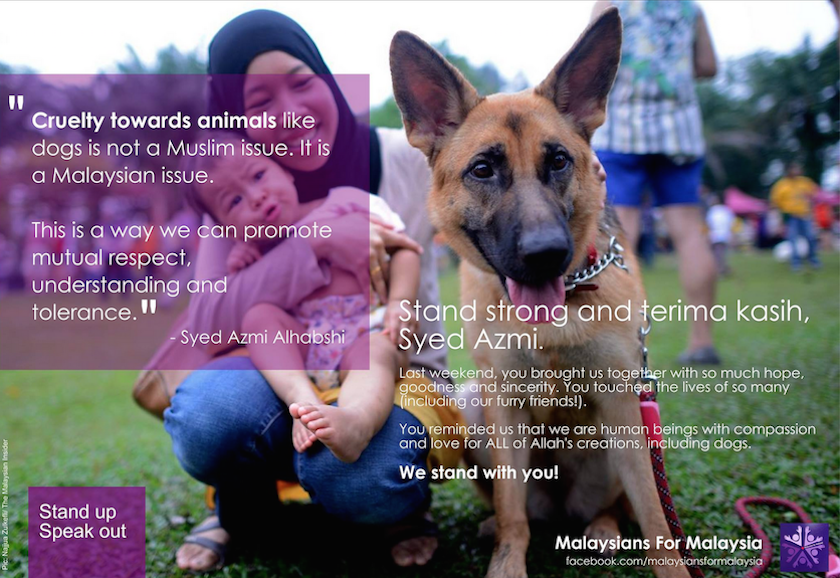 A screen grab of the Facebook post by the u00e2u20acu02dcMalaysians for Malaysiau00e2u20acu2122 group thanking Syed Azmi Alhabshi, the man who organised a pet-a-dog event.