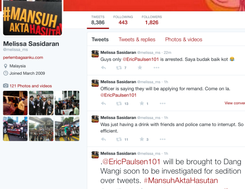 A screenshot of Melissa Sasidaranu00e2u20acu2122s Twitter posting on Eric Paulsenu00e2u20acu2122s arrest. 