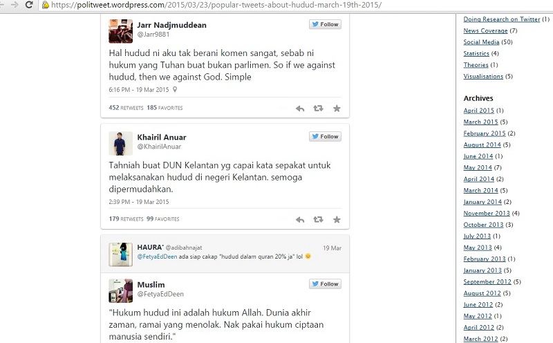 A screengrab from the Politweet website showing some of the tweets collated for the hudud study.