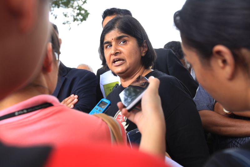 Ambiga speaks to the media after her realease from the Jinjang police lockup, May 2, 2015. u00e2u20acu2022 Picture by Saw Siow Feng