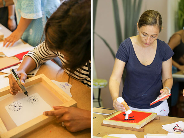 Next thing you do is trace your drawing directly onto the silkscreen.. (left). Lisette is hands-on helping everybody along (right).