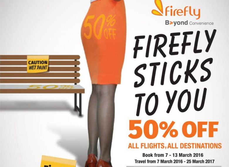 Firefly’s first advertisement posted along with the message ‘Come grab it real fast’ showed a woman in the airline’s corporate orange colour standing beside a bench that had a signage that said ‘50%’ on it. Firefly’s first advertisement posted along with the message ‘Come grab it real fast’ showed a woman in the airline’s corporate orange colour standing beside a bench that had a signage that said ‘50%’ on it.