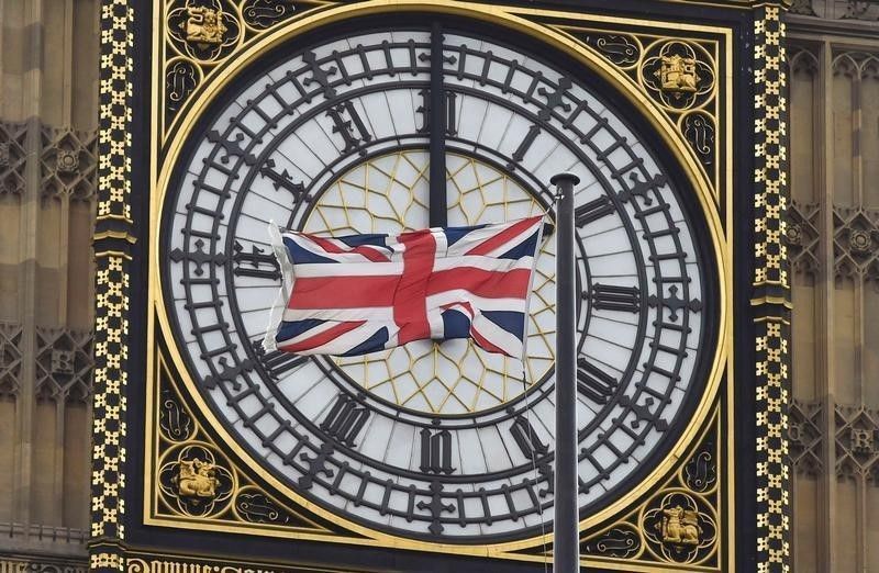 A British Union flag flutters in front of one of the clock faces of the u00e2u20acu02dcBig Benu00e2u20acu2122 clock tower of The Houses of Parliament in central London February 22, 2016. REUTERS/Toby Melville/File Photo