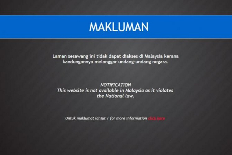 A screenshot showing notification of a blocked website in Malaysia.