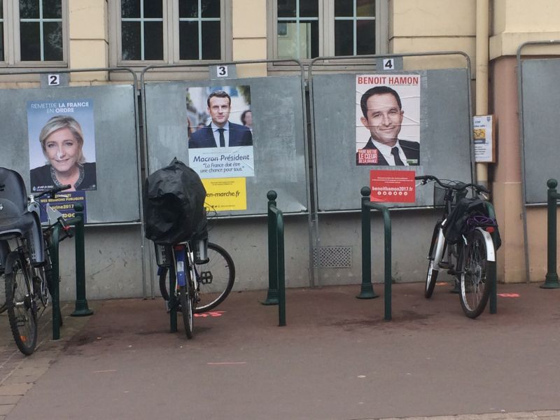 Presidential candidate placards outside a town library in the western suburbs of Paris.