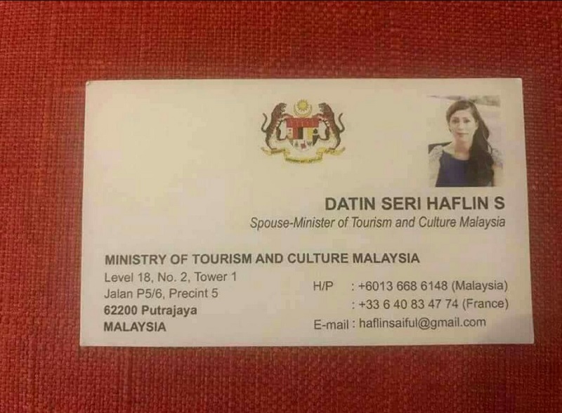 An image of the business card touting a Datin Seri Haflin S as the u00e2u20acu0153Spouse-Minister of Tourism and Culture Malaysiau00e2u20acu009d was circulated through social media platforms earlier today.