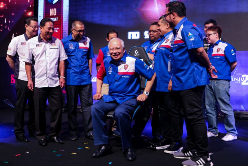 Prime Minister Datuk Seri Najib Razak sits on a gaming chair after officiating the 2018 edition of the Malaysia Cyber Games in the Putra World Trade Centre, Kuala Lumpur January 14, 2018. u00e2u20acu201d Picture by Ahmad Zamzahuri 