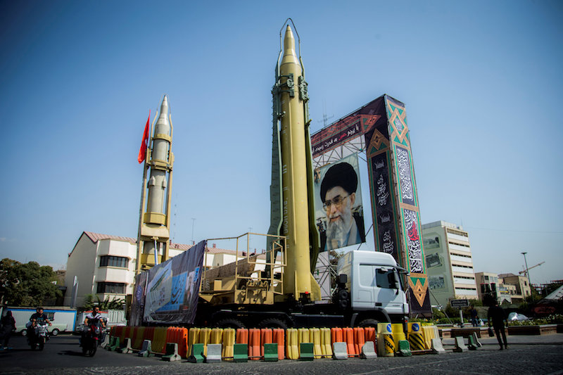 A display featuring missiles and a portrait of Iran's Supreme Leader Ayatollah Ali Khamenei is seen at Baharestan Square in Tehran September 27, 2017. — Reuters pic