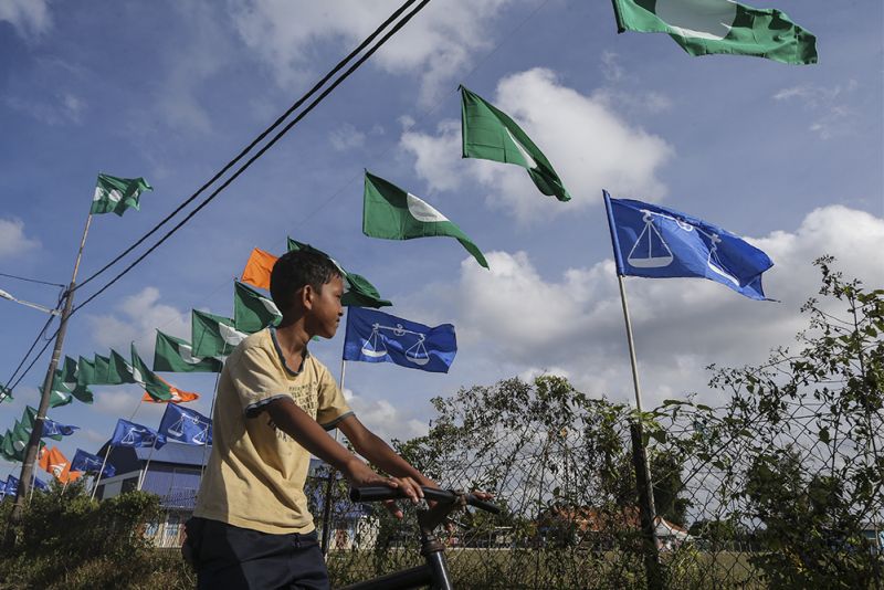 A boy cycles past PAS and Barisan Nasional flags at Bukit Payong in Marang March 23, 2018. u00e2u20acu2022 Picture by Azneal Ishak