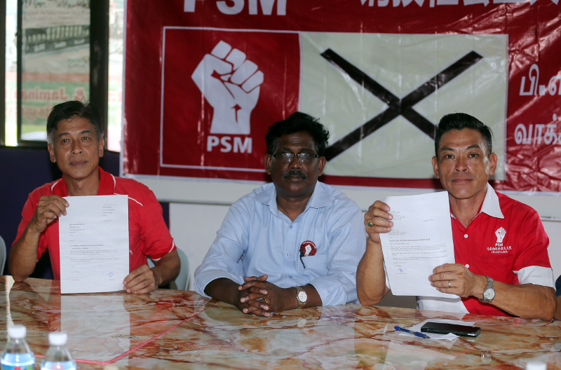 (From left) PSM's Tronoh candidate Chin Kwai Heng, PSM Batu Gajah candidate K. Kunasekaran and Menglembu candidate Chin Kwai Leong during a press conference April 29, 2018. u00e2u20acu201d Picture by Farhan Najib