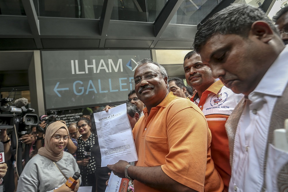 Hindraf 2.0 de facto leader P. Uthayakumar (centre) at Ilham Tower to hand over a memorandum to the Council of Elders in Kuala Lumpur May 28, 2018. u00e2u20acu201d Picture by Hari Anggara