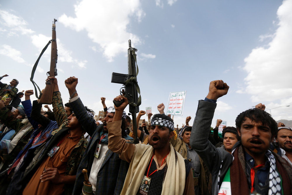 Houthi supporters shout slogans as they demonstrate against the US in Sanaa, Yemen May 15, 2018. u00e2u20acu201d Reuters pic 