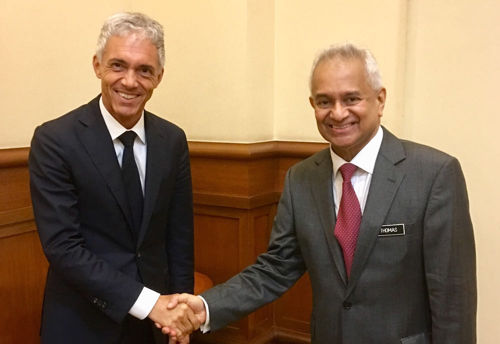 Swiss Attorney General Michael Lauber visits Malaysian Attorney General Tommy Thomas in Putrajaya July 10, 2018. u00e2u20acu201d Picture courtesy of the Office of the Attorney General of Switzerland