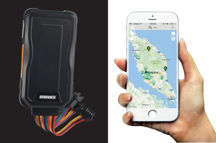 The SP02i GPS tracker device (left). A look at how real-time tracking takes place with Stopanik’s GPS Tracker (right).