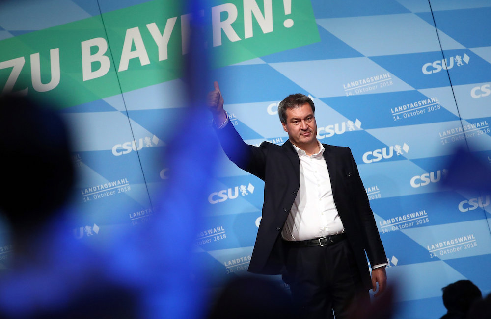 Bavarian State Prime Minister Markus Soeder of the Christian Social Union (CSU) appears on stage during a CSU election campaign rally in Munich October 12, 2018. u00e2u20acu201d Reuters pic