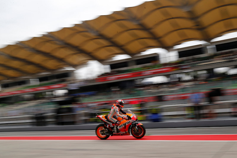 Repsol Honda’s Marc Marquez during practice for the Malaysian Moto GP at the Sepang International Circuit, November 3, 2018. — Reuters pic