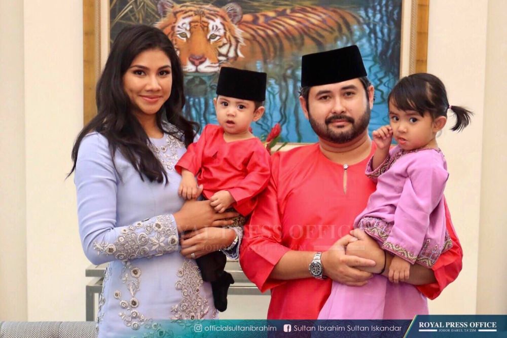 Newly proclaimed Raja Muda Johor, Tunku Iskandar Tunku Ismail, being held by his mother Che' Puan Khaleeda Bustamam. To the right is Johor Crown Prince Tunku Ismail Sultan Iskandar carrying the couple’s daughter Tunku Khalsom Aminah Sofiah in a family photo. — Picture courtesy of Johor Royal Press Office