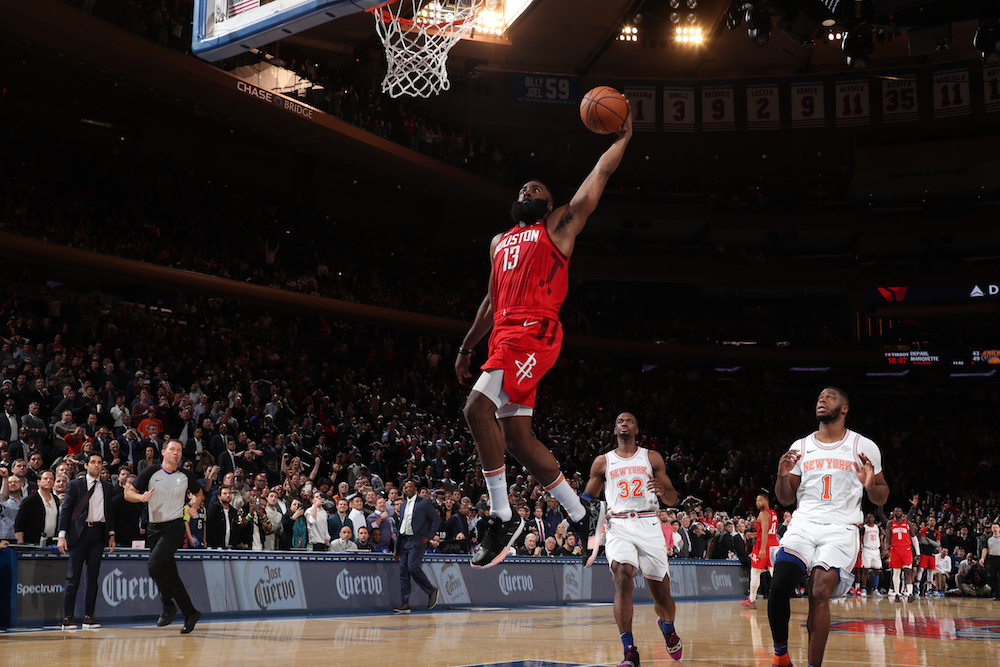James Harden of the Houston Rockets dunks the ball against the New York Knicks at Barclays Centre in Brooklyn, New York January 23, 2019. u00e2u20acu201d AFP pic