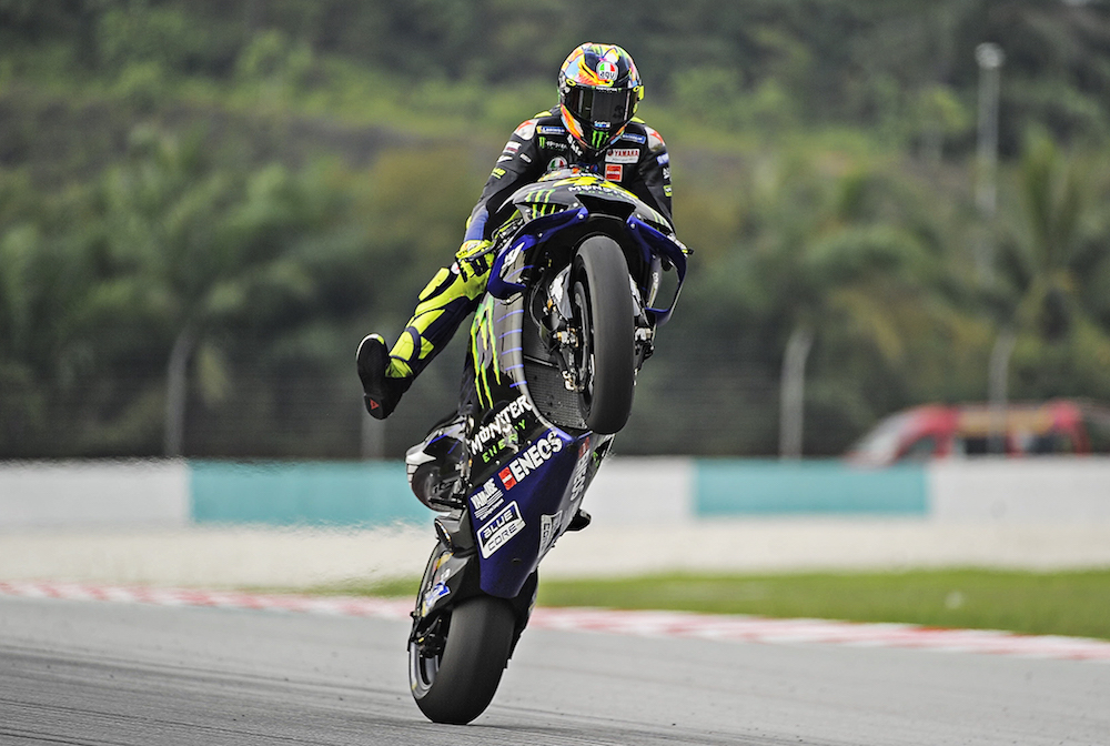 Monster Energy Yamaha MotoGP’s Italian rider Valentino Rossi executes a stunt on the third day of the 2019 MotoGP pre-season testing at Sepang International Circuit February 8, 2019. — Picture by Shafwan Zaidon