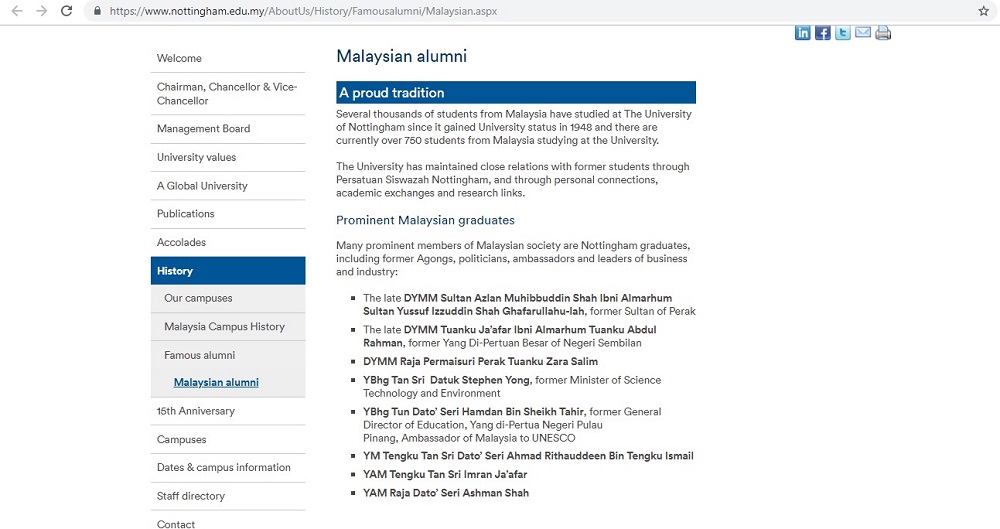 A screen capture in February 2019 of the University of Nottingham’s Malaysia campus’ website.