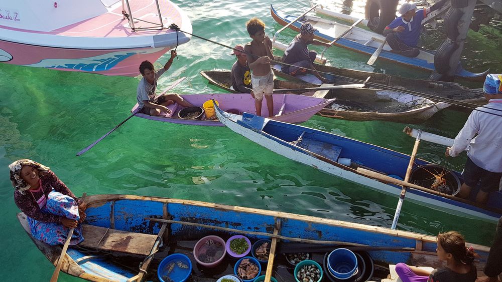 Sempornau00e2u20acu2122s sea gypsies offering their daily catches of live lobsters, clams and crabs to tourists and passer-by off Mabul Island, February 10, 2019. u00e2u20acu201d Bernama pic