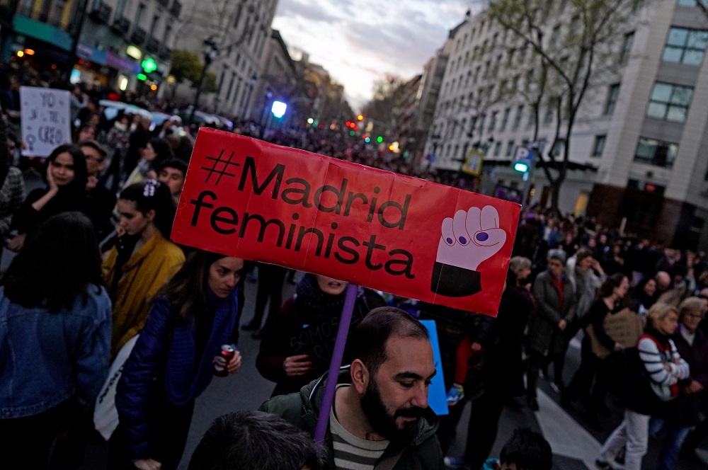 Protesters take part in a demonstration during a nationwide feminist strike on International Womenu00e2u20acu2122s Day in Madrid March 8, 2019. The placard reads u00e2u20acu02dcMadrid Feministu00e2u20acu2122. u00e2u20acu201d Reuters pic