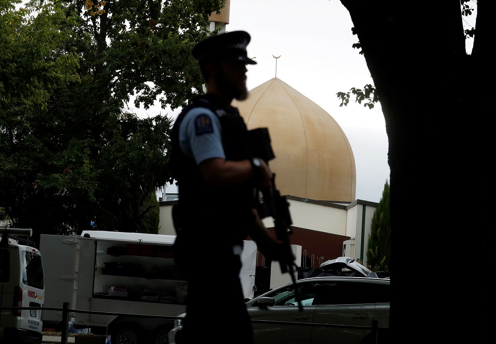 A police officer patrols outside Masjid Al Noor mosque after Fridayu00e2u20acu2122s mosque attacks in Christchurch March 16, 2019. u00e2u20acu201d Reuters pic