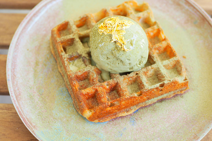 Get your sweet fix in the form of their Moochi Mochi with a crispy and slightly chewy waffle topped with green tea ice cream.