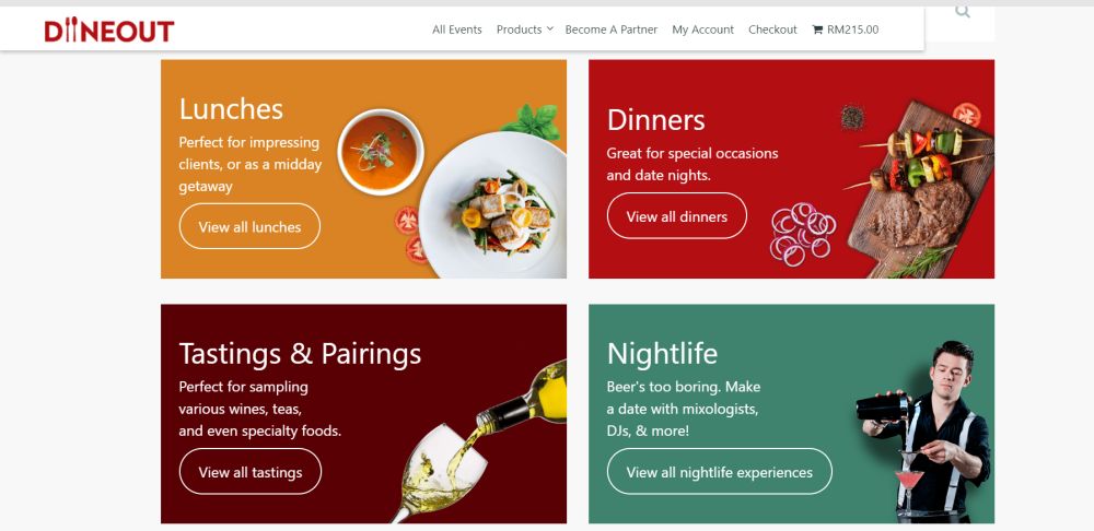 The website is divided into five categories, inducing Lunches, Dinners, Tastings and Pairings, Nightlife as well as Workshops and Masterclasses, offering a wide range of events. — Screengrab from DiineOut.com