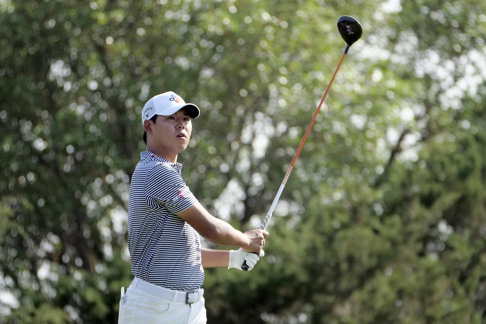 Kim Si-woo watches his drive on the 15th hole during the second round of the Valero Texas Open golf tournament in San Antonio April 5, 2019. — Reuters pic