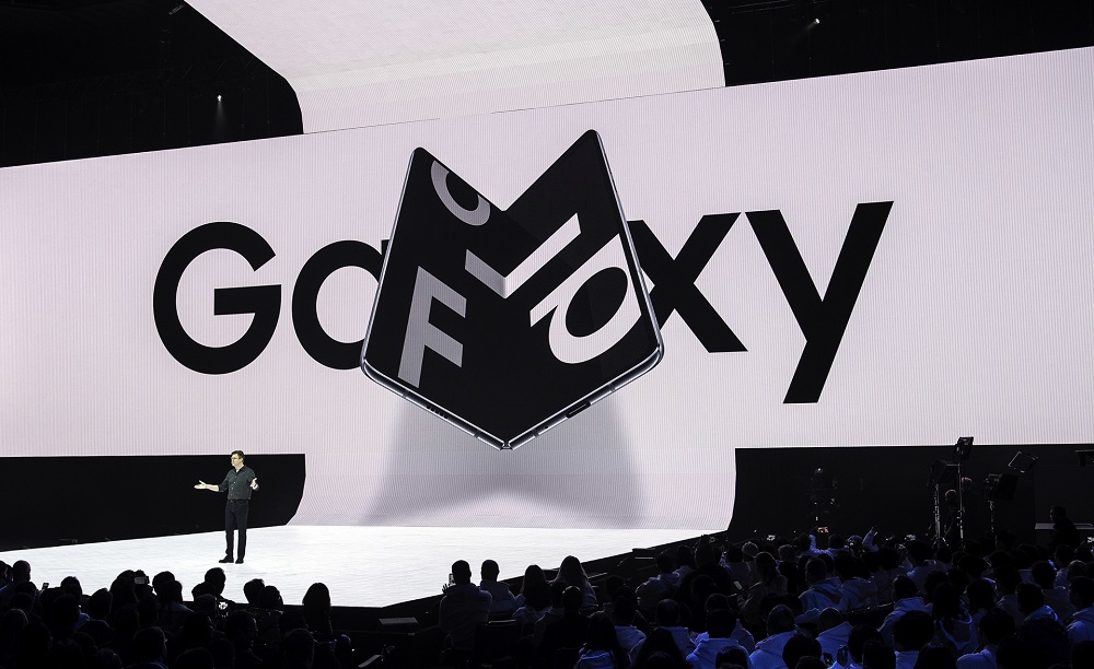 Samsung senior vice president of product marketing Justin Denison speaking on stage about the Galaxy Fold at an event in February. u00e2u20acu201d AFP pic