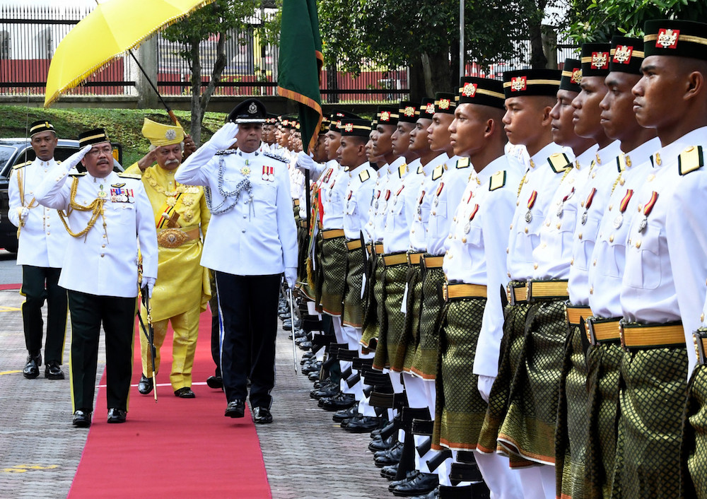Yang Dipertuan Besar of Negri Sembilan, Tuanku Muhriz Munawir, inspects a guard of honour at the opening of the first meeting of the second session of the 14th State Legislative Assembly in Seremban April 22, 2019. u00e2u20acu201d Bernama pic