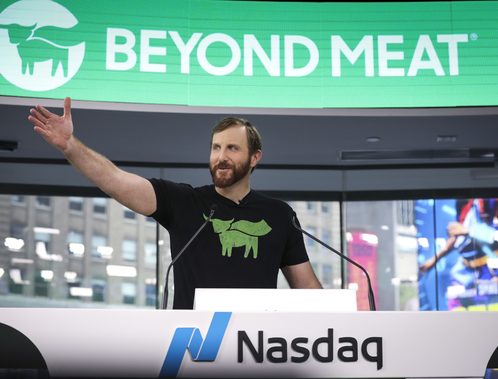 In this file photo taken May 2, 2019, Beyond Meat CEO Ethan Brown speaks before ringing the opening bell at Nasdaq MarketSite in New York City. u00e2u20acu201d Drew Angerer/Getty Images North America pic via AFP