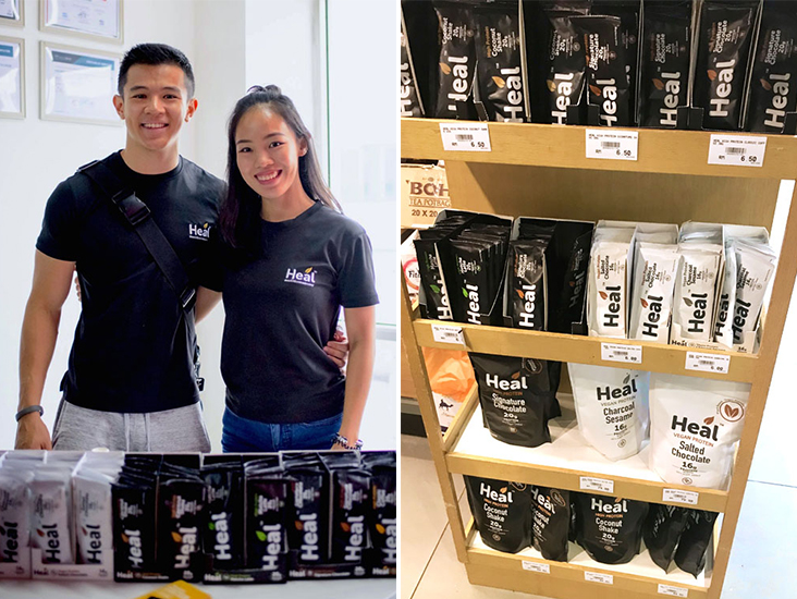 Justin Chan and Phoebe Cheong, co-founders of Heal Nutrition (left). Heal Nutrition product display at a supermarket in Kuala Lumpur (right)