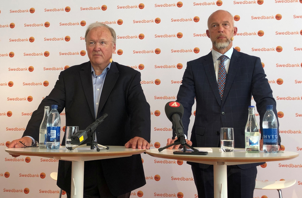 Former Swedish Prime Minister Goran Persson (left), the elected new chairman of Swedbank, and acting CEO Anders Karlsson make a statement in Stockholm, Sweden June 19, 2019. u00e2u20acu201d Reuters pic 