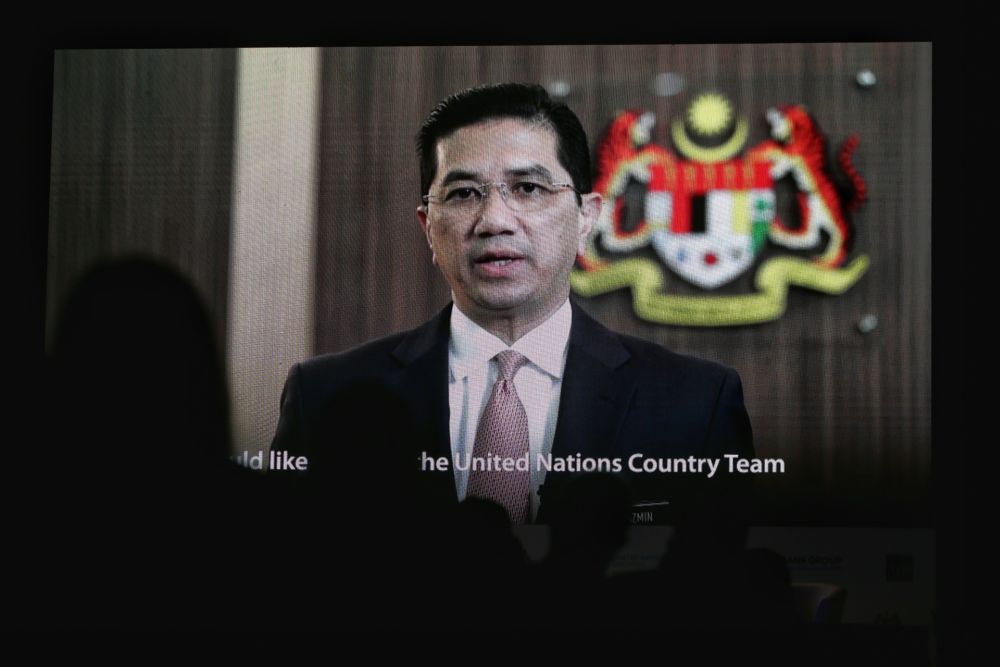 Economic Affairs Minister Datuk Seri Mohamed Azmin Ali delivers his keynote speech via a recorded video during the launch conference of the 12th Malaysia Plan 2021-2025, at the Putrajaya Marriott Hotel July 1, 2019. u00e2u20acu201d Picture by Choo Choy May