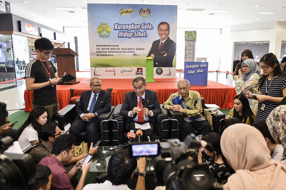 Health Minister Datuk Seri Dzulkefly Ahmad speaks to reporters during a press conference after launching the u00e2u20acu02dcKurangkan Gula, Hidup Sihatu00e2u20acu2122 campaign in Subang Jaya July 25, 2019. u00e2u20acu201d Picture by Miera Zulyana