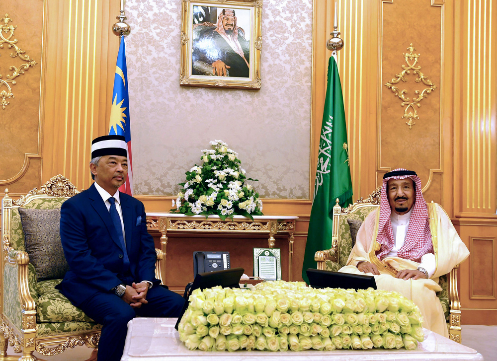 Yang di-Pertuan Agong Al-Sultan Abdullah Riu00e2u20acu2122ayatuddin Al-Mustafa Billah Shah meets Saudi Arabiau00e2u20acu2122s King Salman Abdulaziz al-Saud at the Royal Court July 14, 2019. u00e2u20acu201d Bernama pic