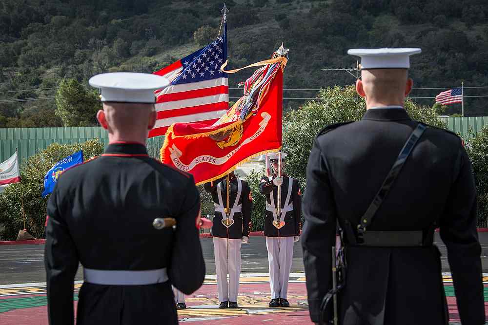The US Marine Corps Colour Guard Platoon during a ceremony at Marine Corps Base Camp Pendleton, California March 15, 2018. u00e2u20acu201d US Marines handout via Reuters
