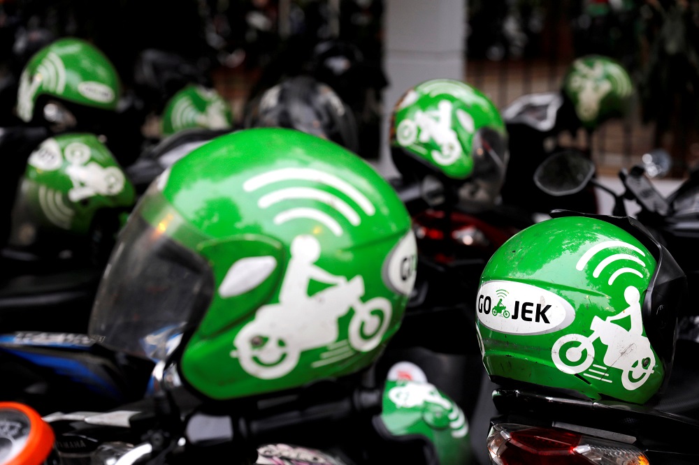Go-Jek driver helmets are seen during Go-Food festival in Jakarta October 27, 2018. u00e2u20acu201d Reuters pic
