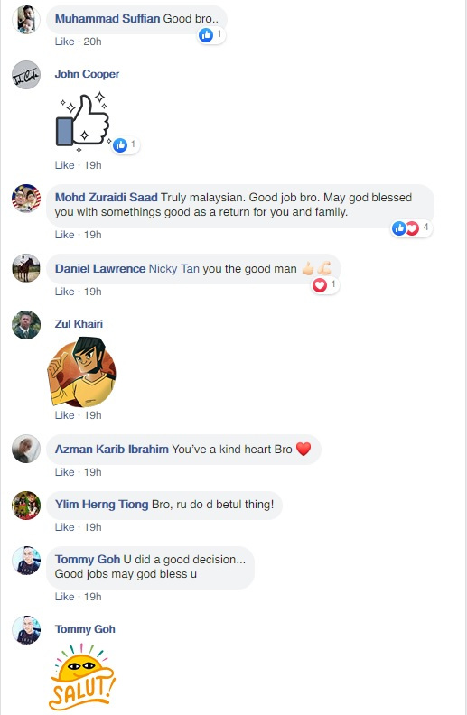 Social media users lauded Tan for his random act of kindness. — Screengrab from Facebook/Nicky Tan