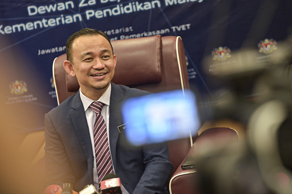 Education Minister Maszlee Malik speaks to the media during the ‘TVET Empowerment: Industry Dialogue’ in Putrajaya September 26, 2019. — Picture by Shafwan Zaidon