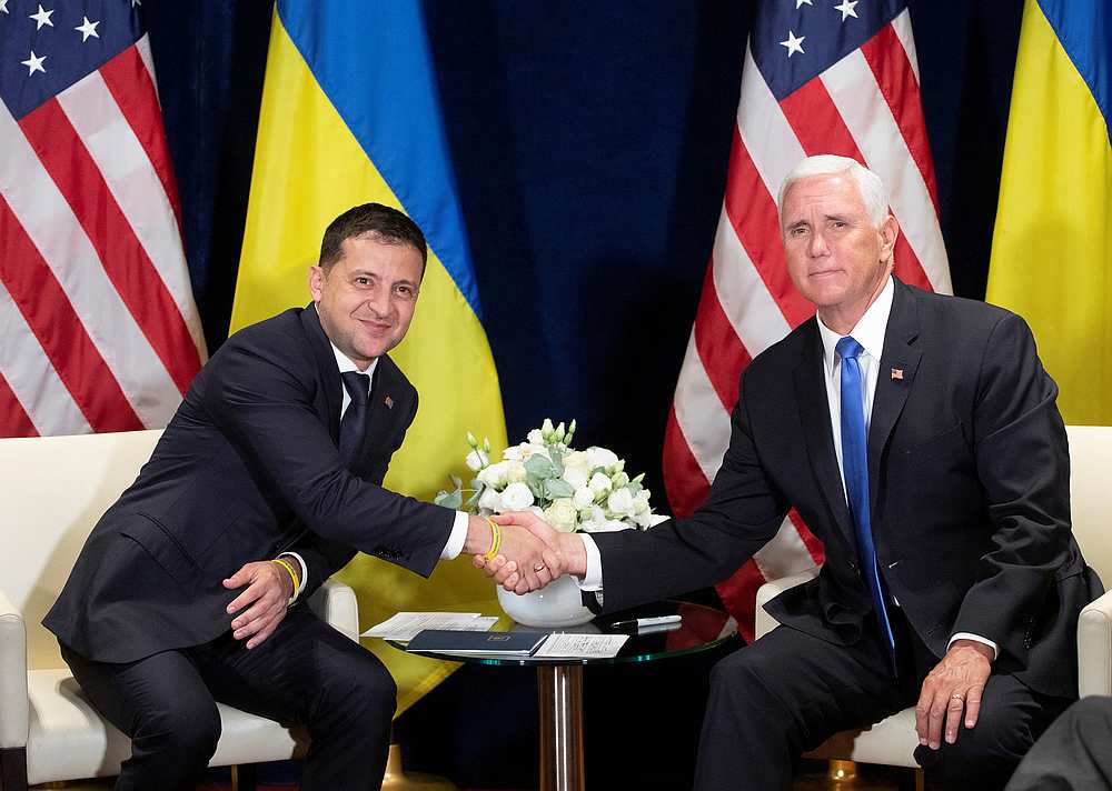 Ukrainian President Volodymyr Zelenskiy (left) shakes hands with US Vice President Mike Pence during a meeting in Warsaw, Poland September 1, 2019. u00e2u20acu201d Ukrainian Presidential Press Service handout via Reuters 