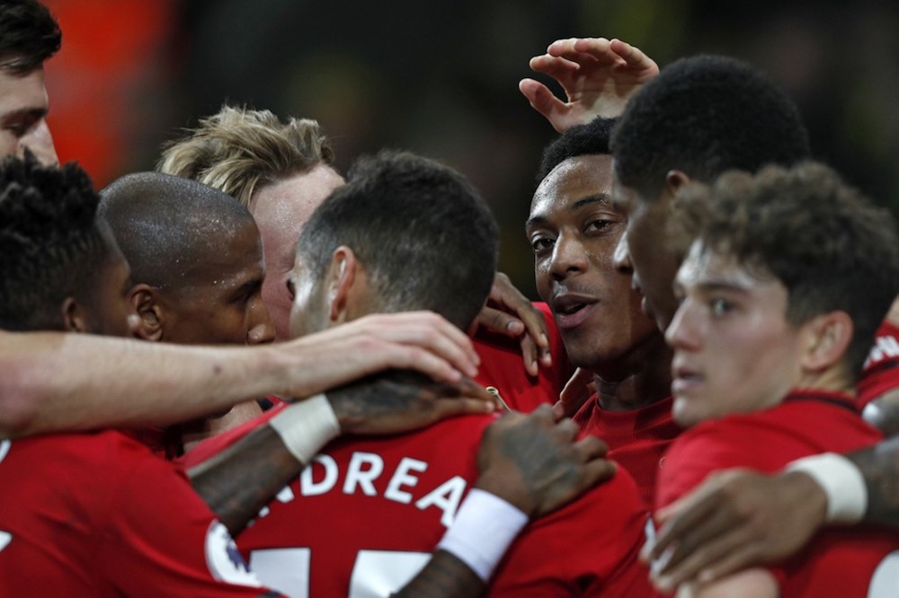 Manchester Unitedu00e2u20acu2122s Anthony Martial celebrates with teammates after scoring their third goal during the Premier League match with Norwich City at Carrow Road in Norwich October 27, 2019. u00e2u20acu201d AFP pic