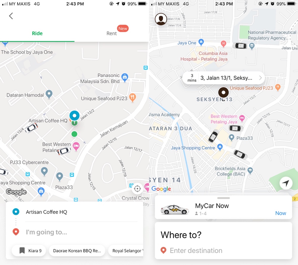 The user experience for Grab (left) and MyCar may feel alike, but strong branding helps consumers understand the difference between both products. — Screengrabs from Grab and MyCar applications