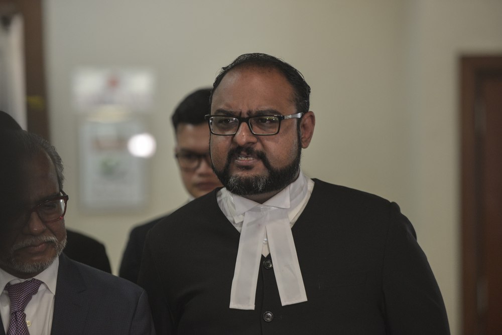 Defence lawyer Harvinderjit Singh pointed out how funds that ended up within the bank accounts of Datuk Seri Najib were transacted without his knowledge, arguing the absence of mens rea, or the intention or knowledge of an offence being committed by the former prime minister. ― Picture by Shafwan Zaidon