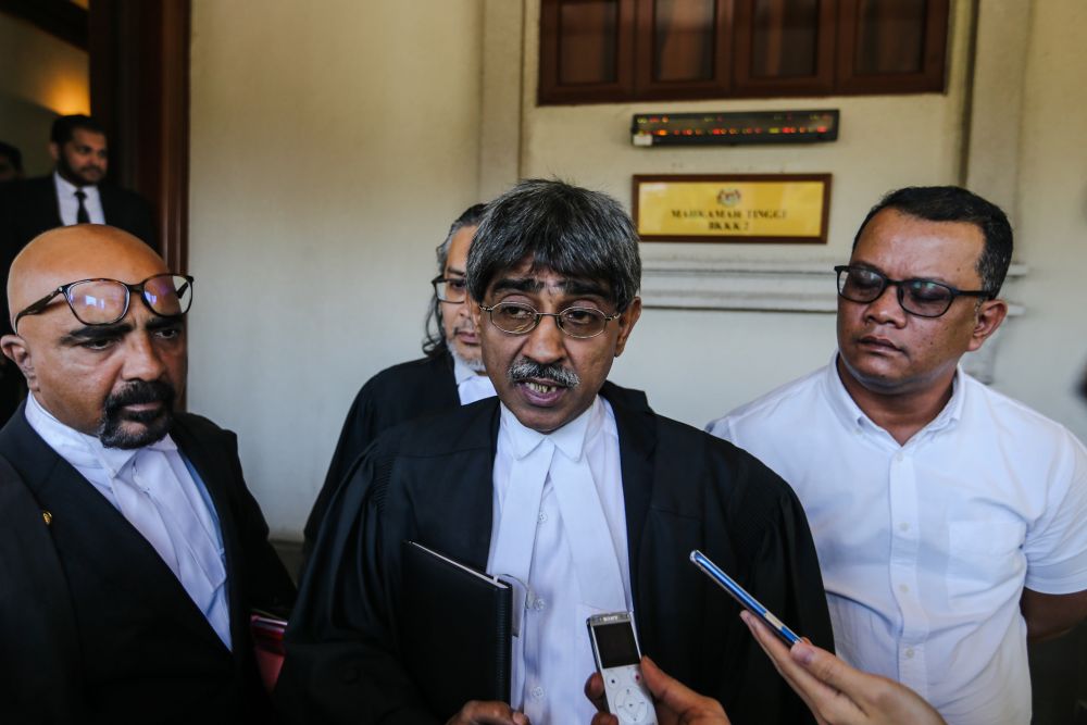 Lawyer Haniff Khatri Abdulla speaks to reporters at the Kuala Lumpur High Court October 29, 2019. u00e2u20acu201d Picture by Firdaus Latif
