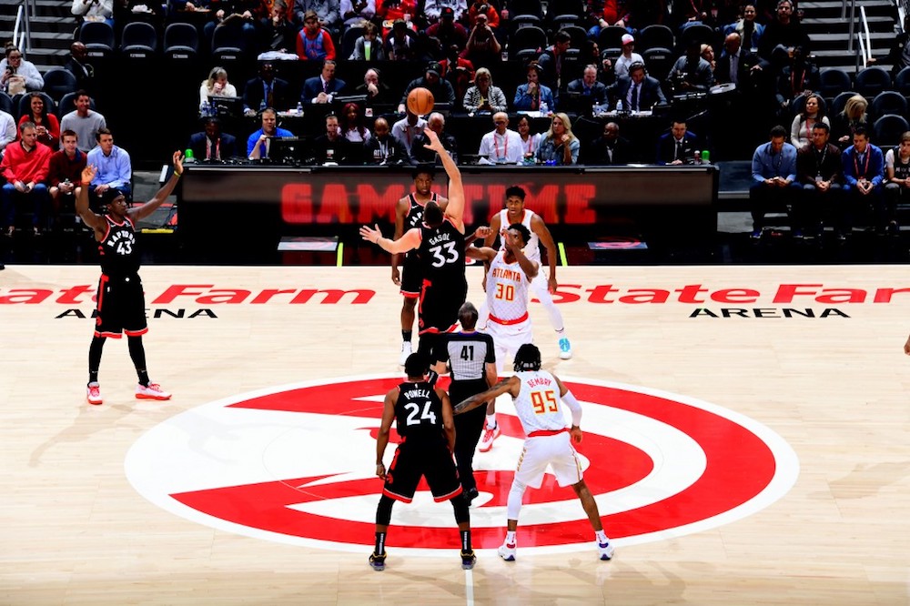 Marc Gasol of the Toronto Raptors faces off for the tip-off against the Atlanta Hawks at State Farm Arena in Atlanta November 23, 2019. u00e2u20acu201d AFP pic