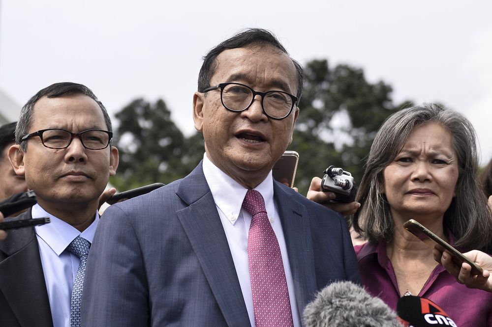 Sam Rainsy, president of the Cambodia National Rescue Party, speaks to reporters outside Parliament building in Kuala Lumpur November 12, 2019. u00e2u20acu201d Picture by Miera Zulyana